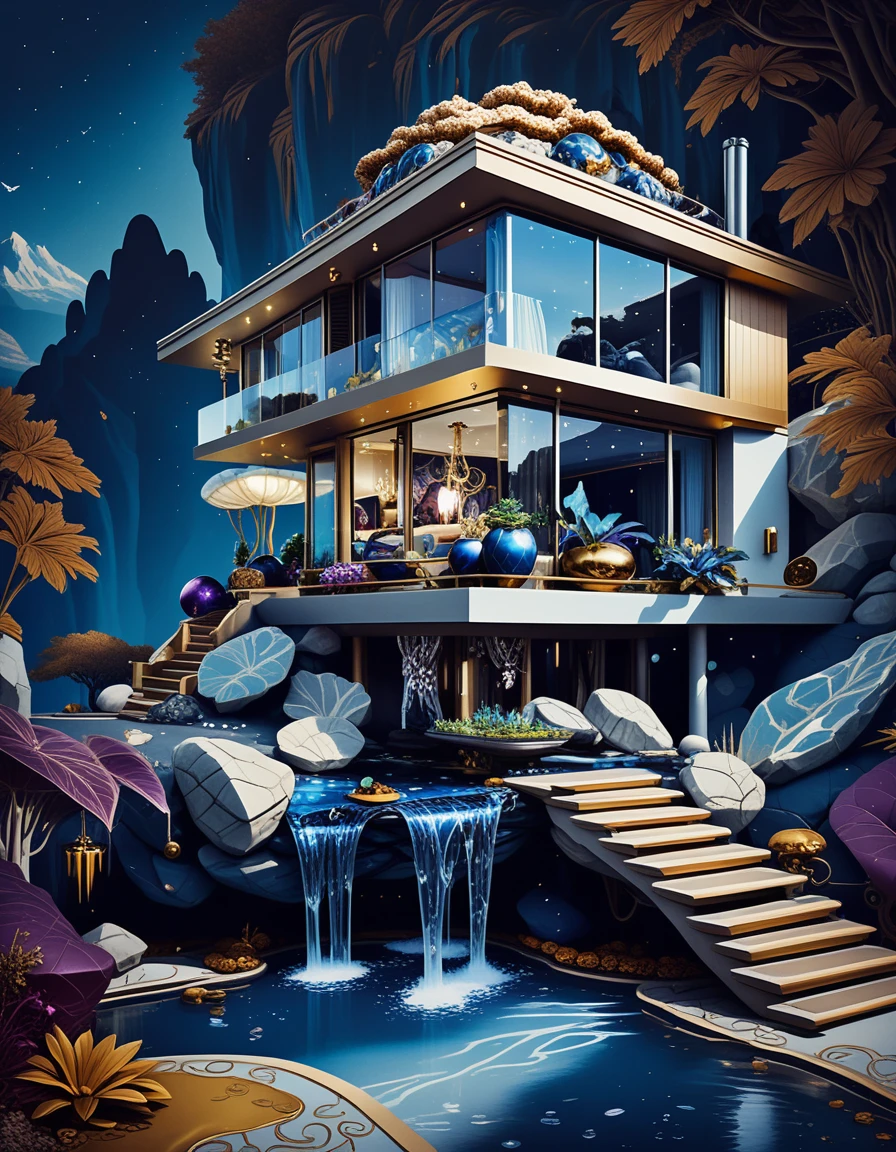 Luxuosa casa caverna de pedra em uma serena paisagem montanhosa de fantasia