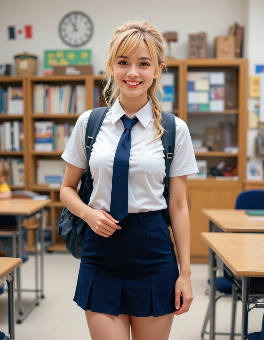 明亮教室裡站著的微笑金髮制服學生