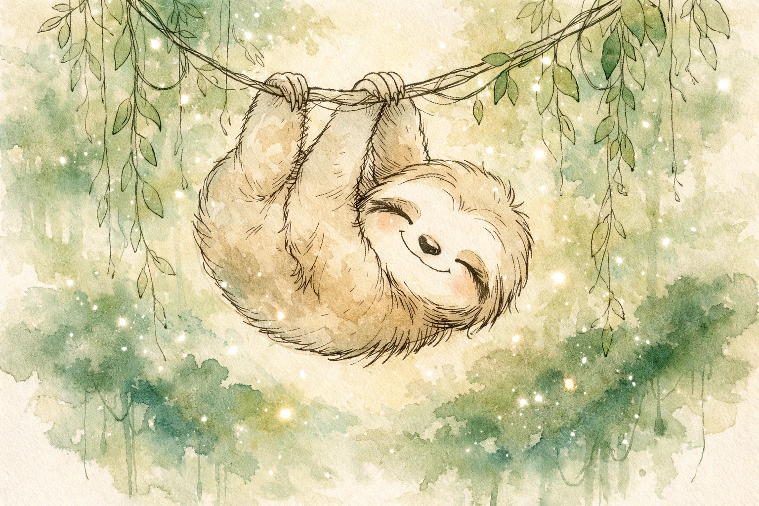 ミニマルな水彩熱帯雨林イラストの赤ちゃんナマケモノ