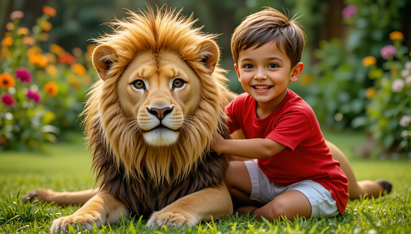 Happy young boy playing with a lion in a garden