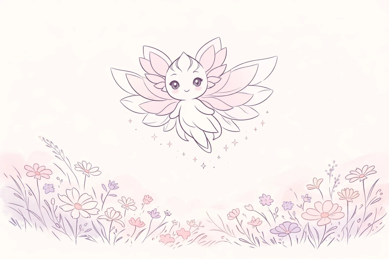 Tiny flower winged fairy floating above a quiet meadow