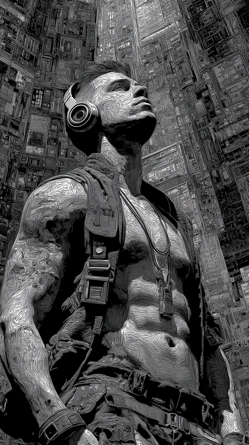 Guerreiro cyberpunk fascinado em um cenário urbano surreal