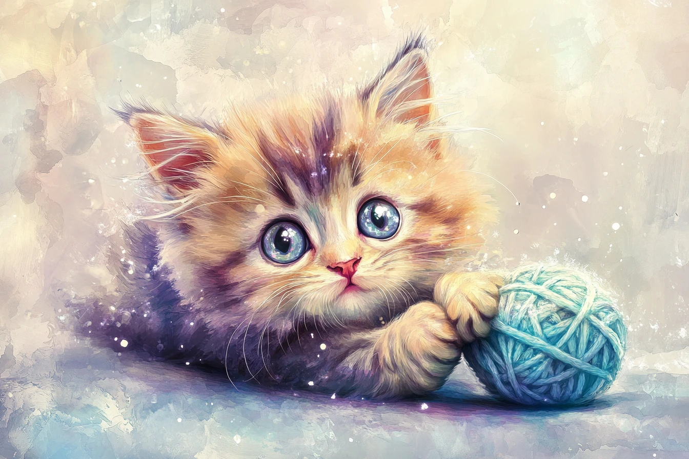 Chaton tout doux jouant avec une pelote de laine en aquarelle douce