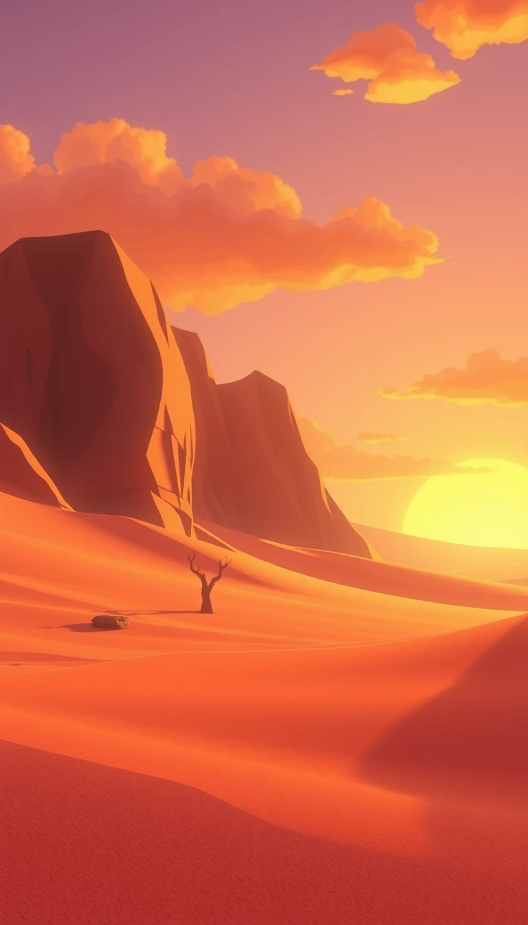 Cartoon-Wüstenlandschaft mit sanftem Sonnenaufgang und warmen Farben
