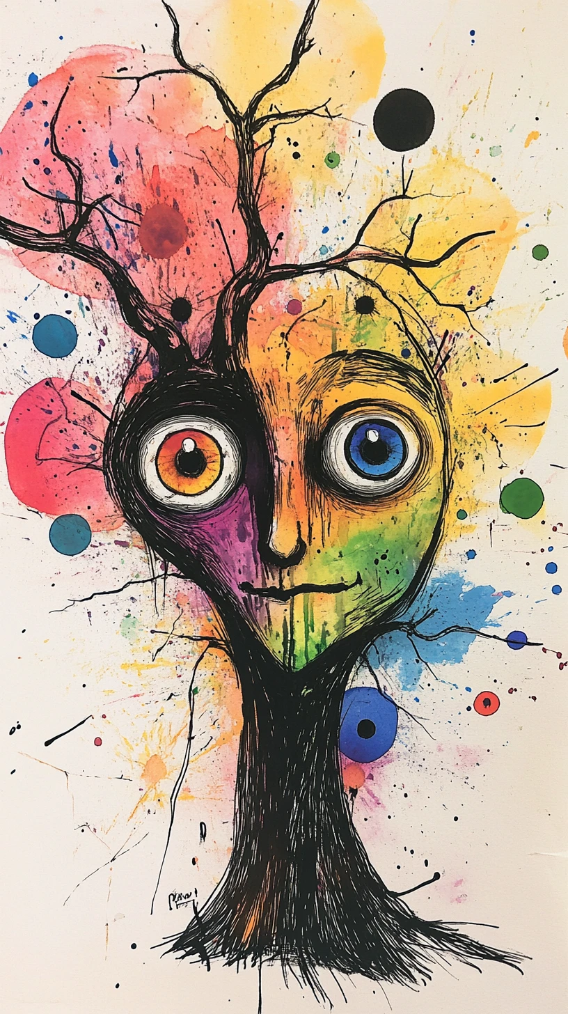 Árvore fantasiosa com rosto em tinta mista expressiva