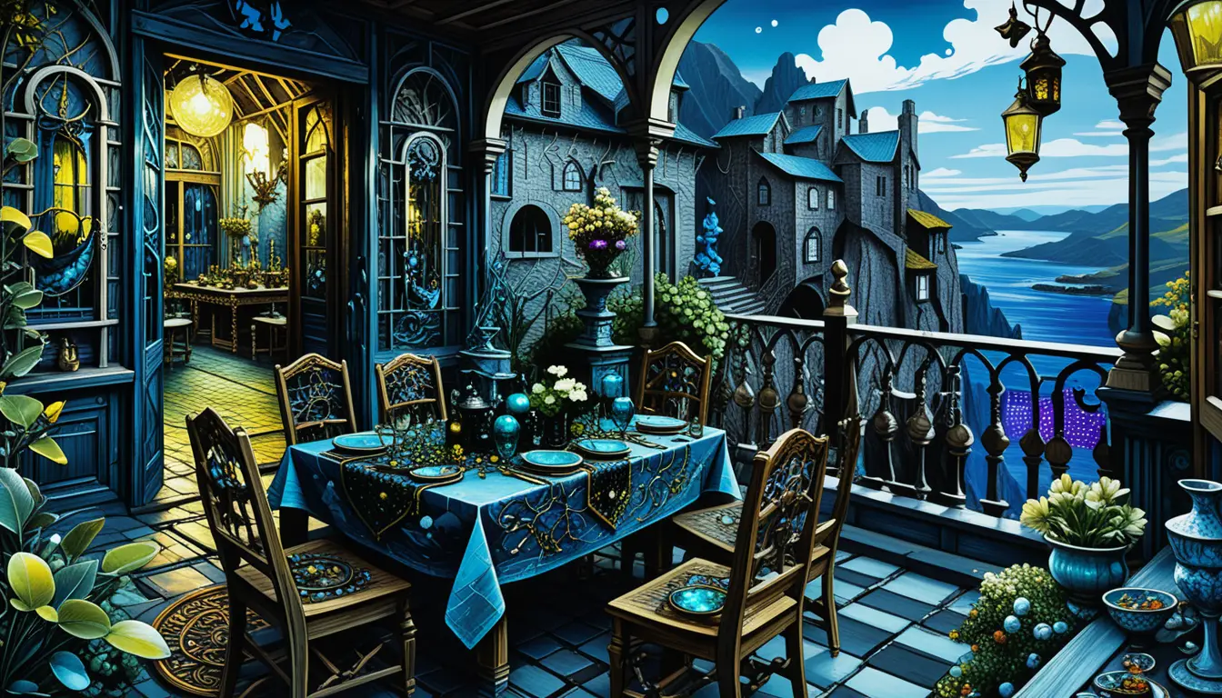 Lavish fantasy banquet on a windswept balcony