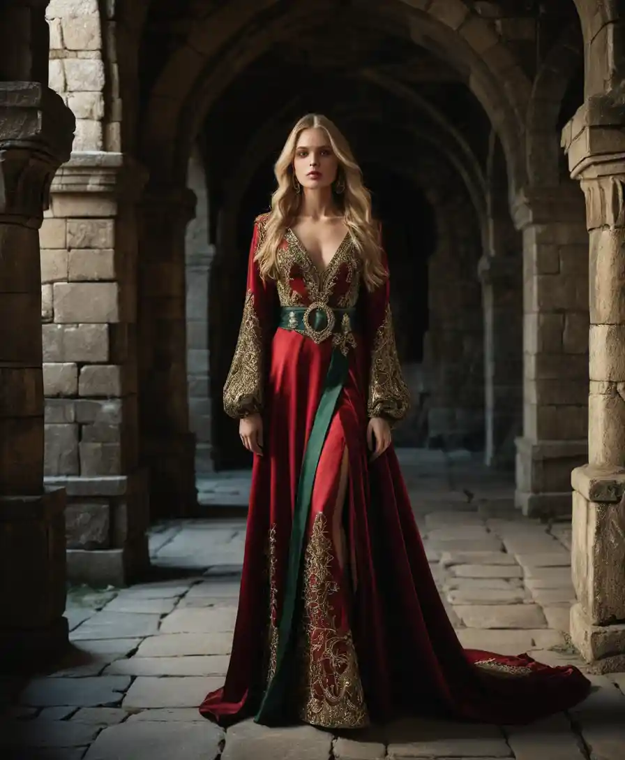 Elegante blonde Frau in rotem Fantasy-Kleid in einer Schloss­halle