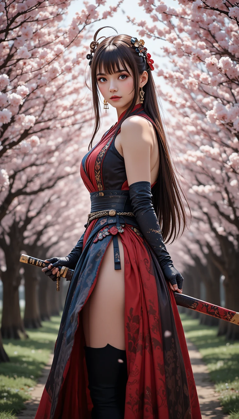 Fille samouraï d’anime sous des pétales de cerisier en chute