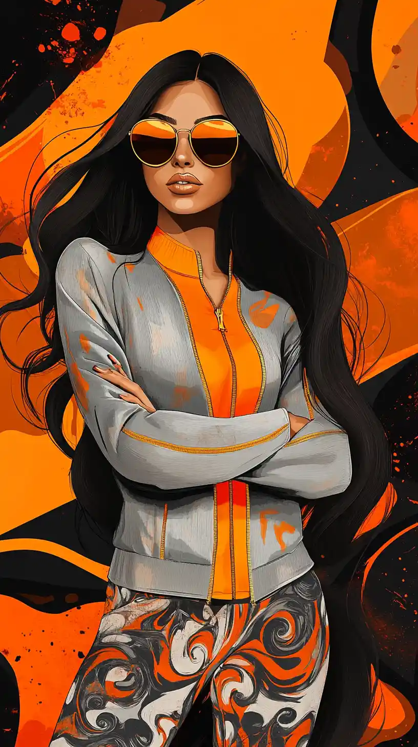 Mujer elegante con gafas aviador doradas sobre fondo abstracto audaz