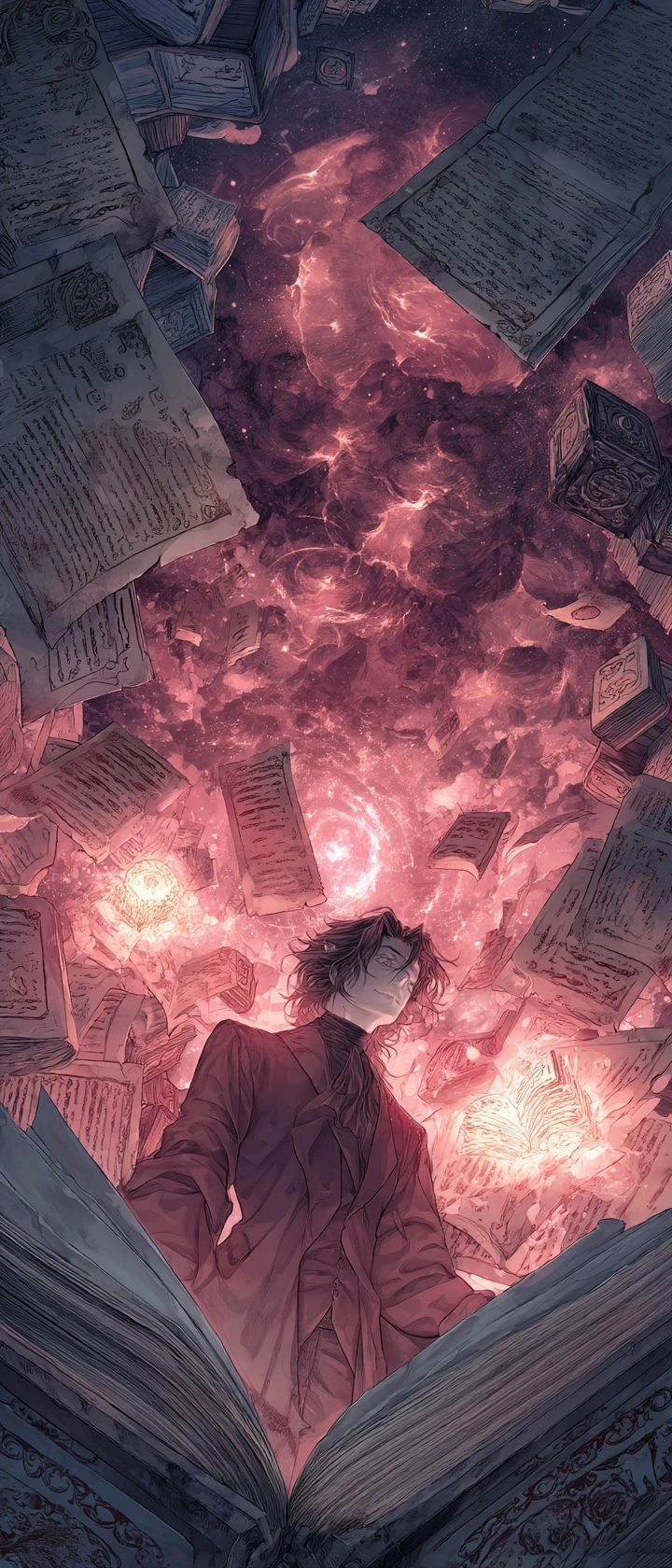 Erudito vampiro liberando magia de sangue cósmica na biblioteca