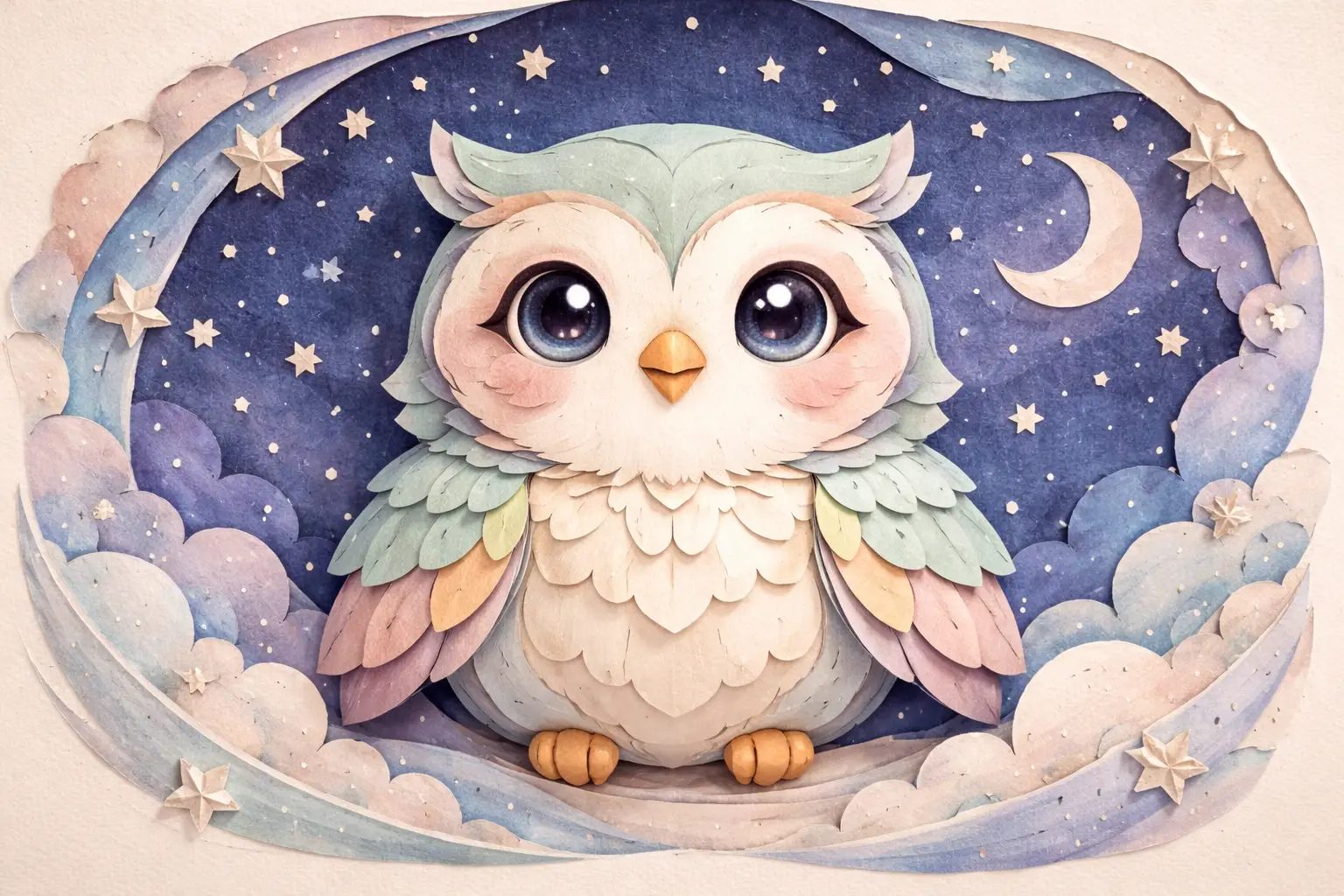 Niedliche Papercraft-Eule vor einem verträumten sternenklaren Nachthimmel