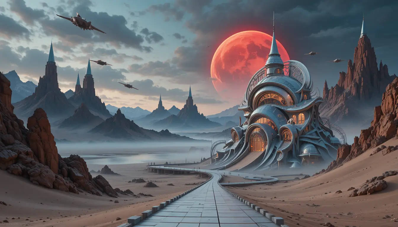 Paysage urbain futuriste avec véhicules volants dans un ciel nuageux