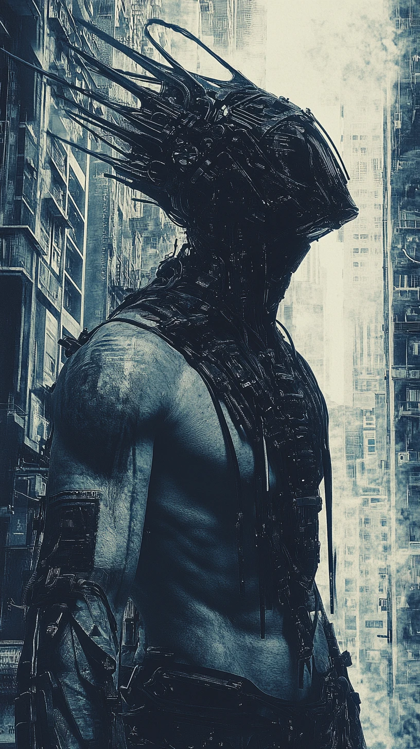 Guerrier cyberpunk dans une jungle de béton futuriste et surréaliste