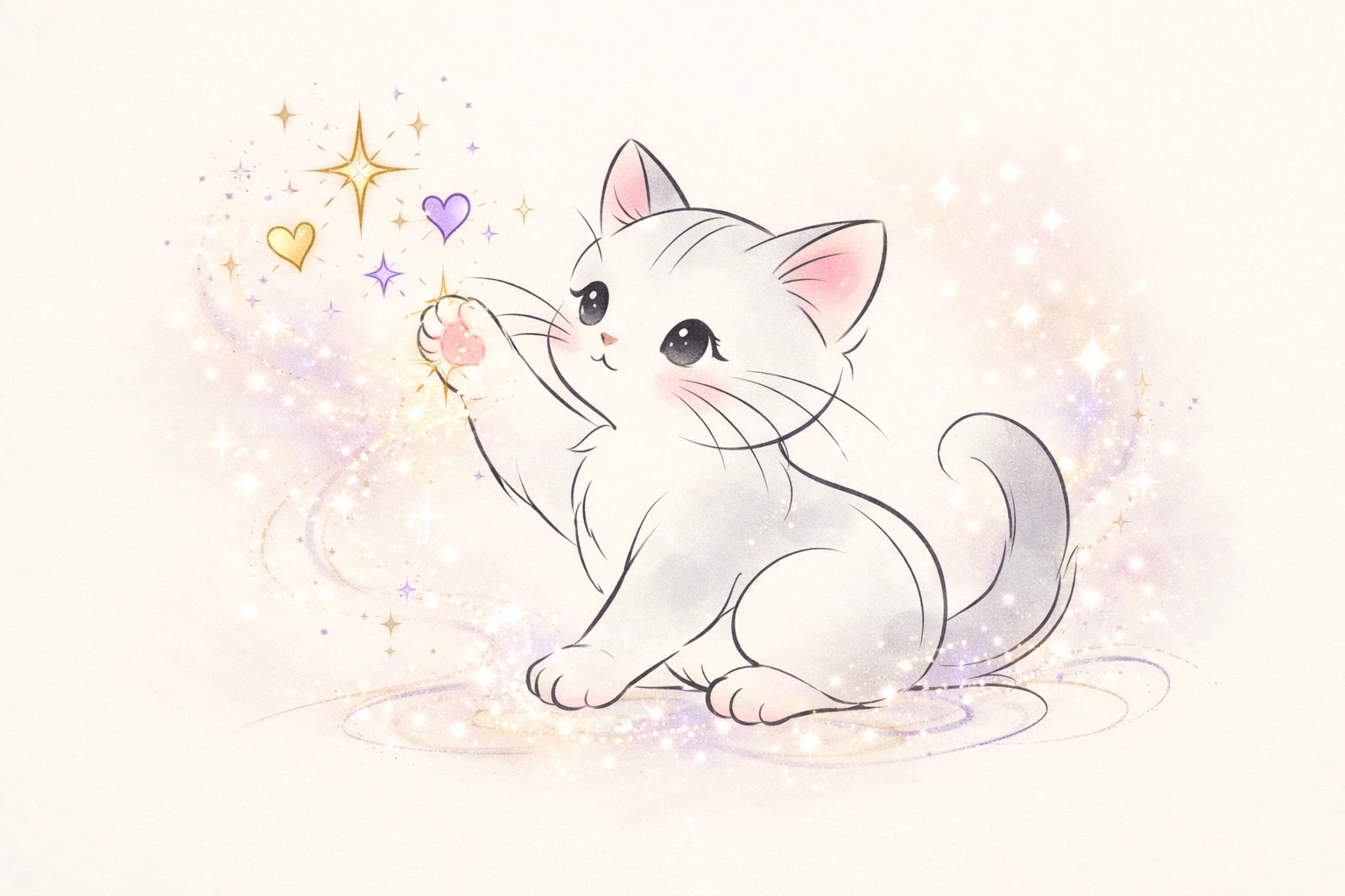 Dessin minimaliste de chaton en ligne avec étoiles et cœurs