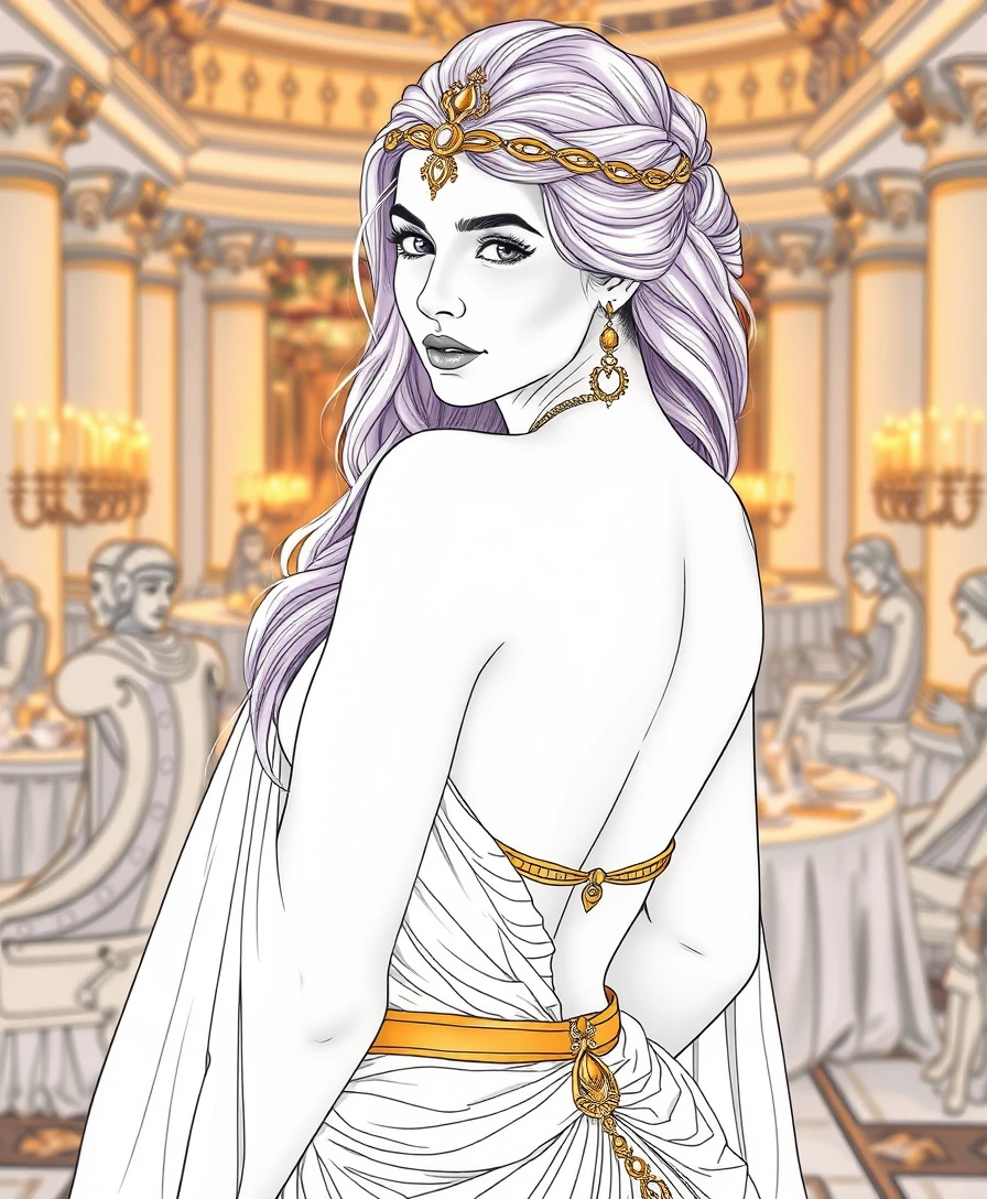 Roman princess in lilac toga gown at twilight banquet