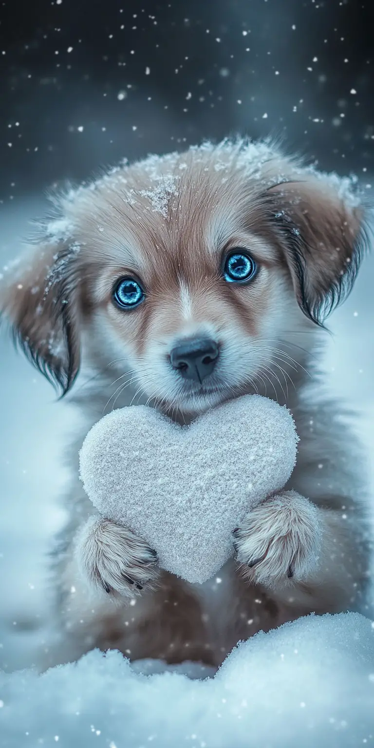 Tout petit chiot aux yeux bleus tenant un cœur duveteux
