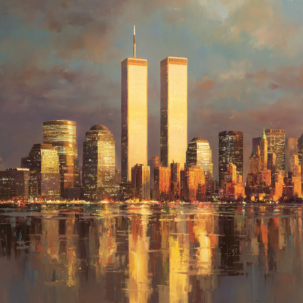 Skyline di Manhattan al tramonto con le torri gemelle
