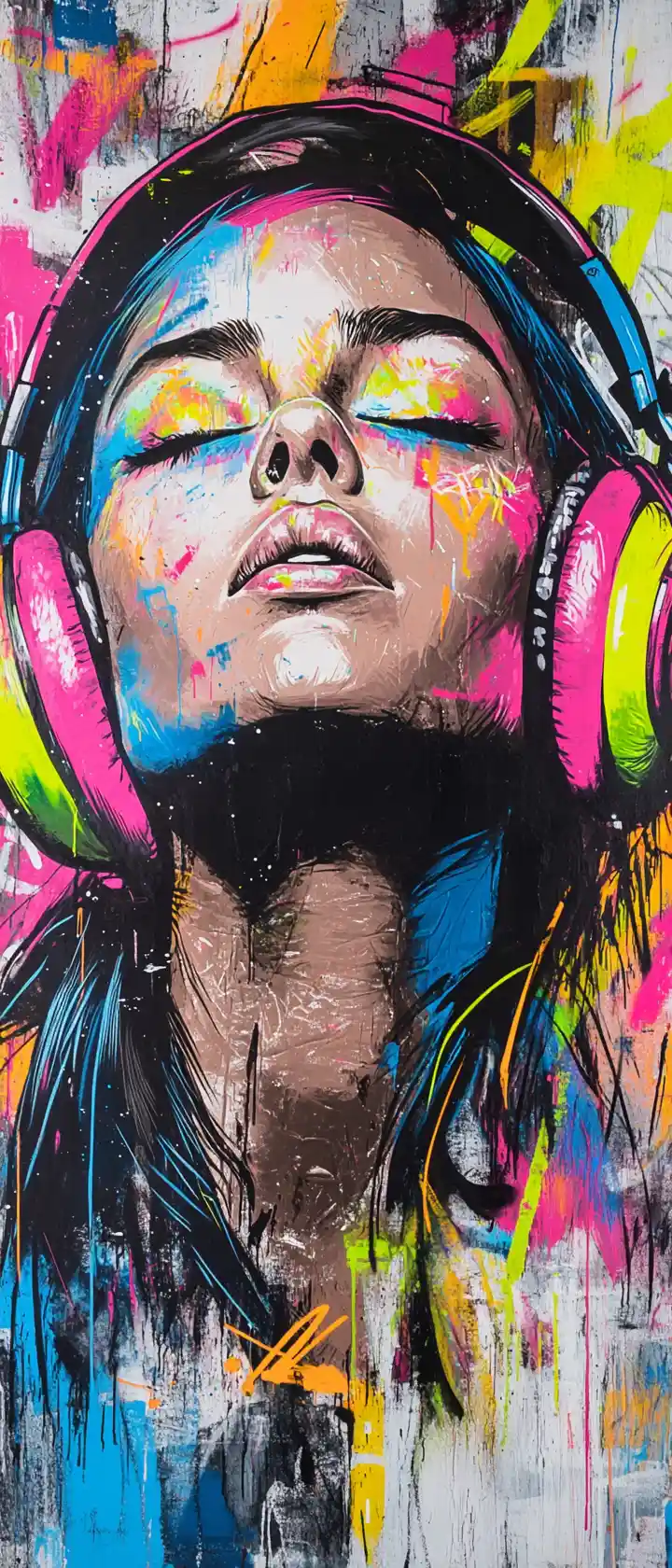 Graffiti portrait of a woman with headphones and neon colors