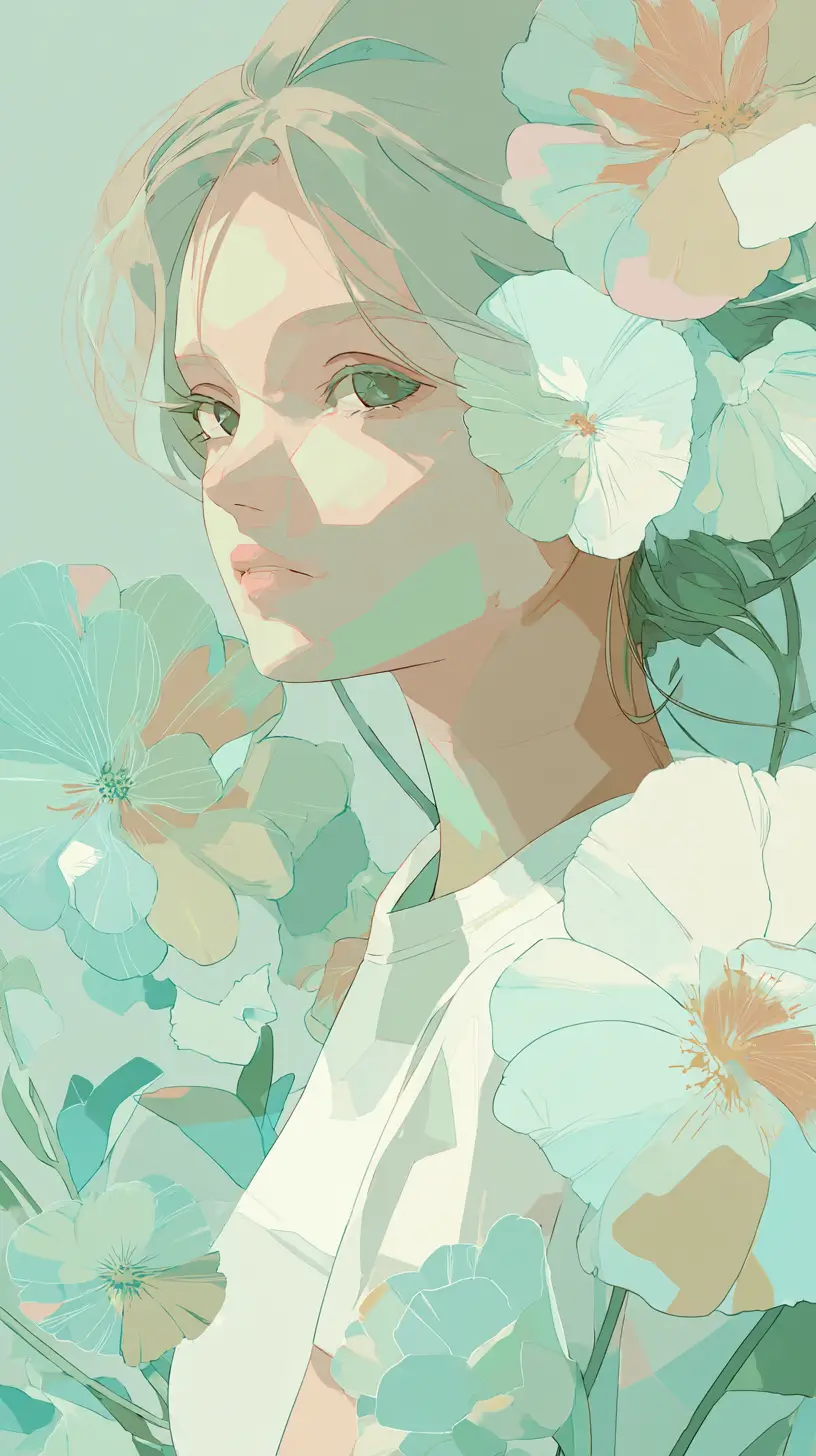 柔和粉彩花卉插畫風格的動漫少女
