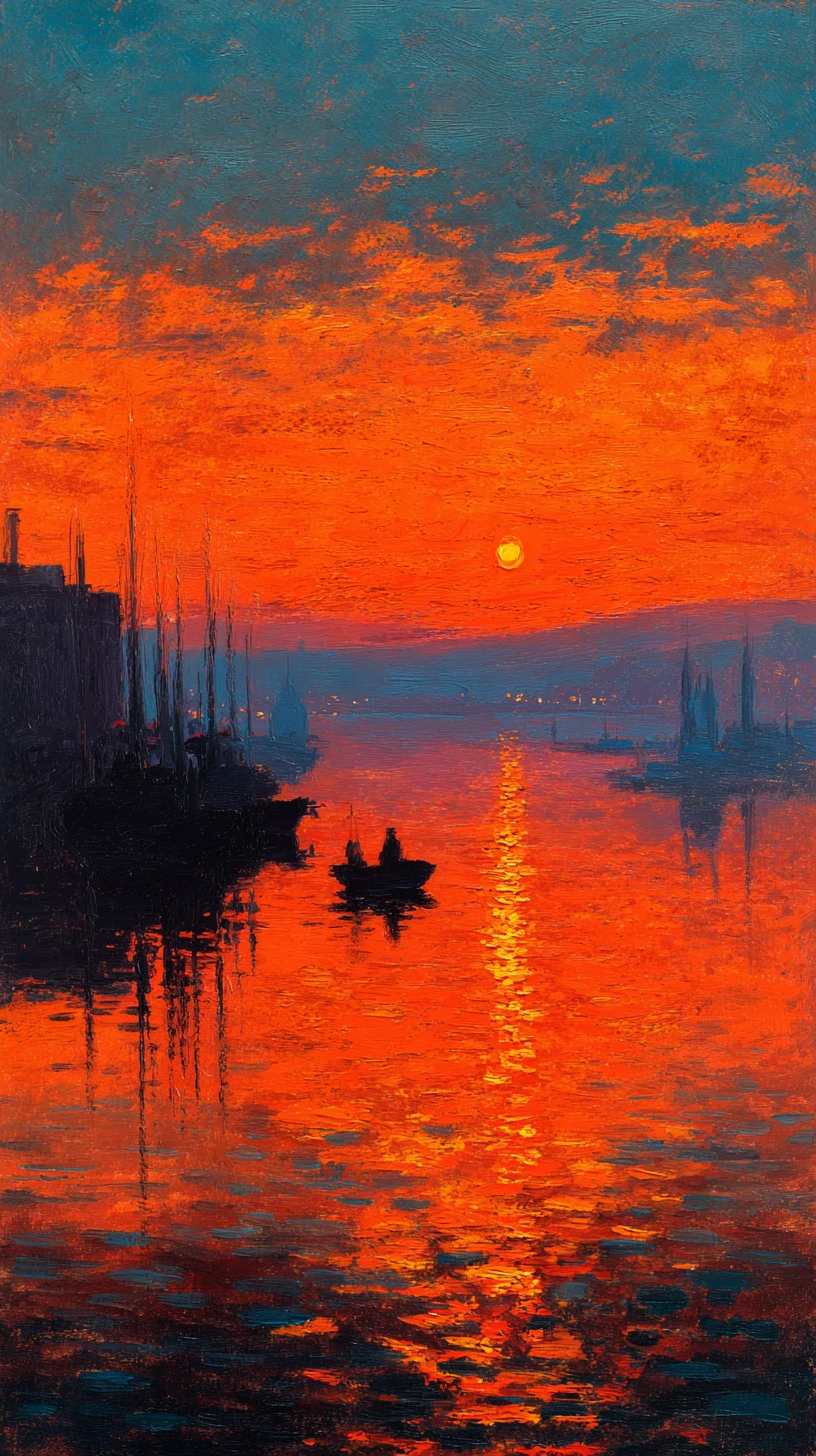Nascer do sol impressionista sobre um porto tranquilo com barcos