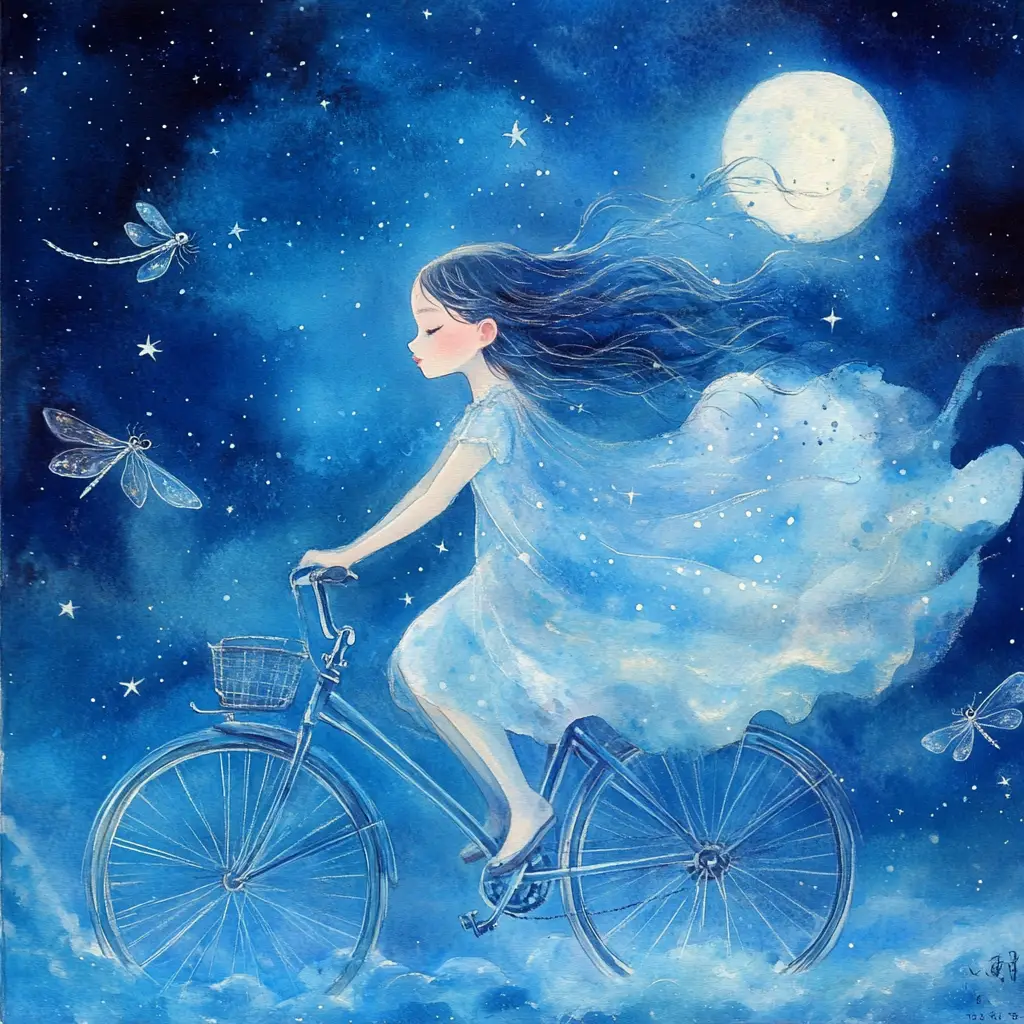 Chica en bicicleta recorriendo el cielo nocturno iluminado por la luna