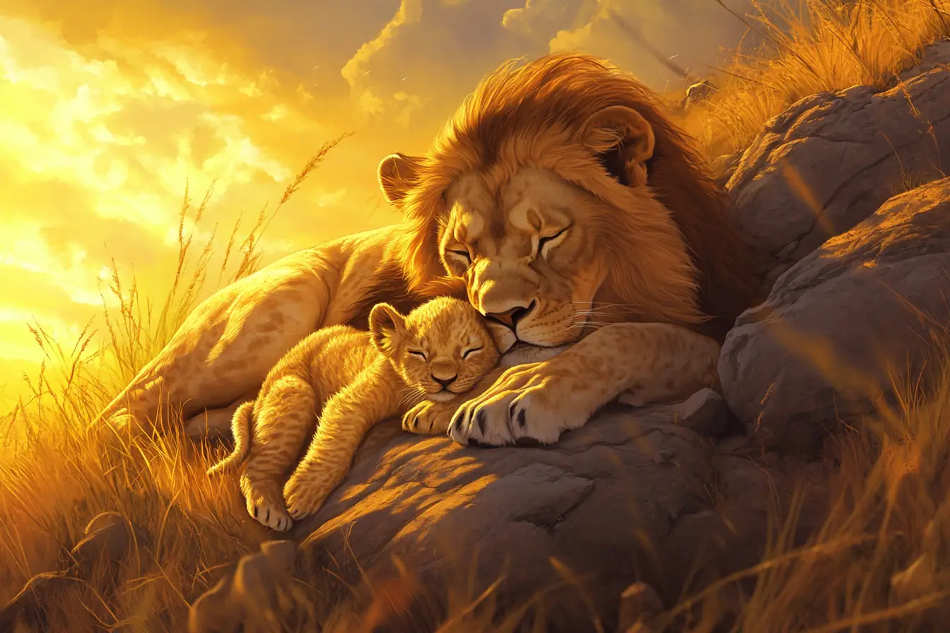母獅與幼獅在夕陽下岩石草原上休憩