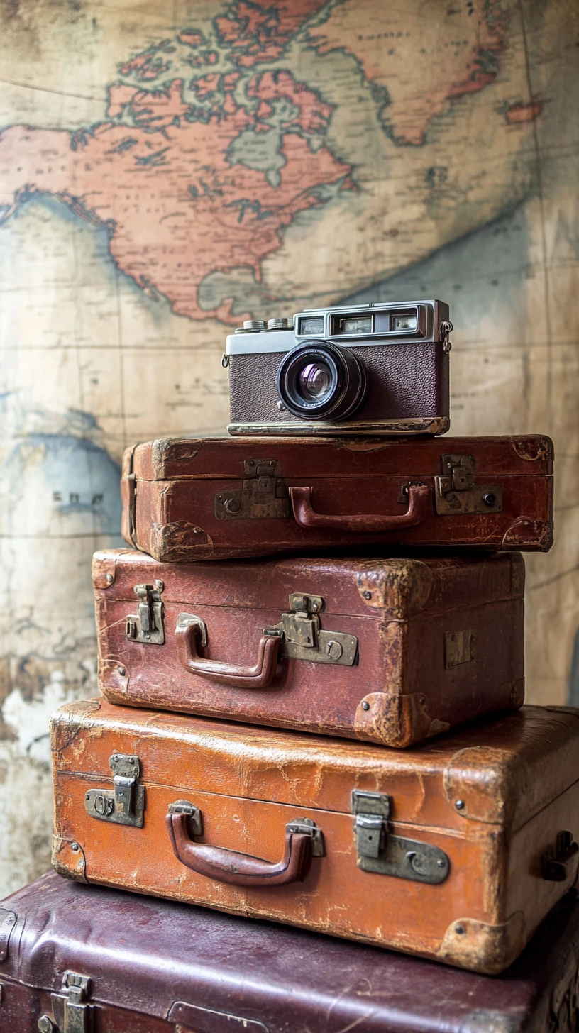 Valigie di pelle vintage con macchina fotografica e mappa del mondo piegata