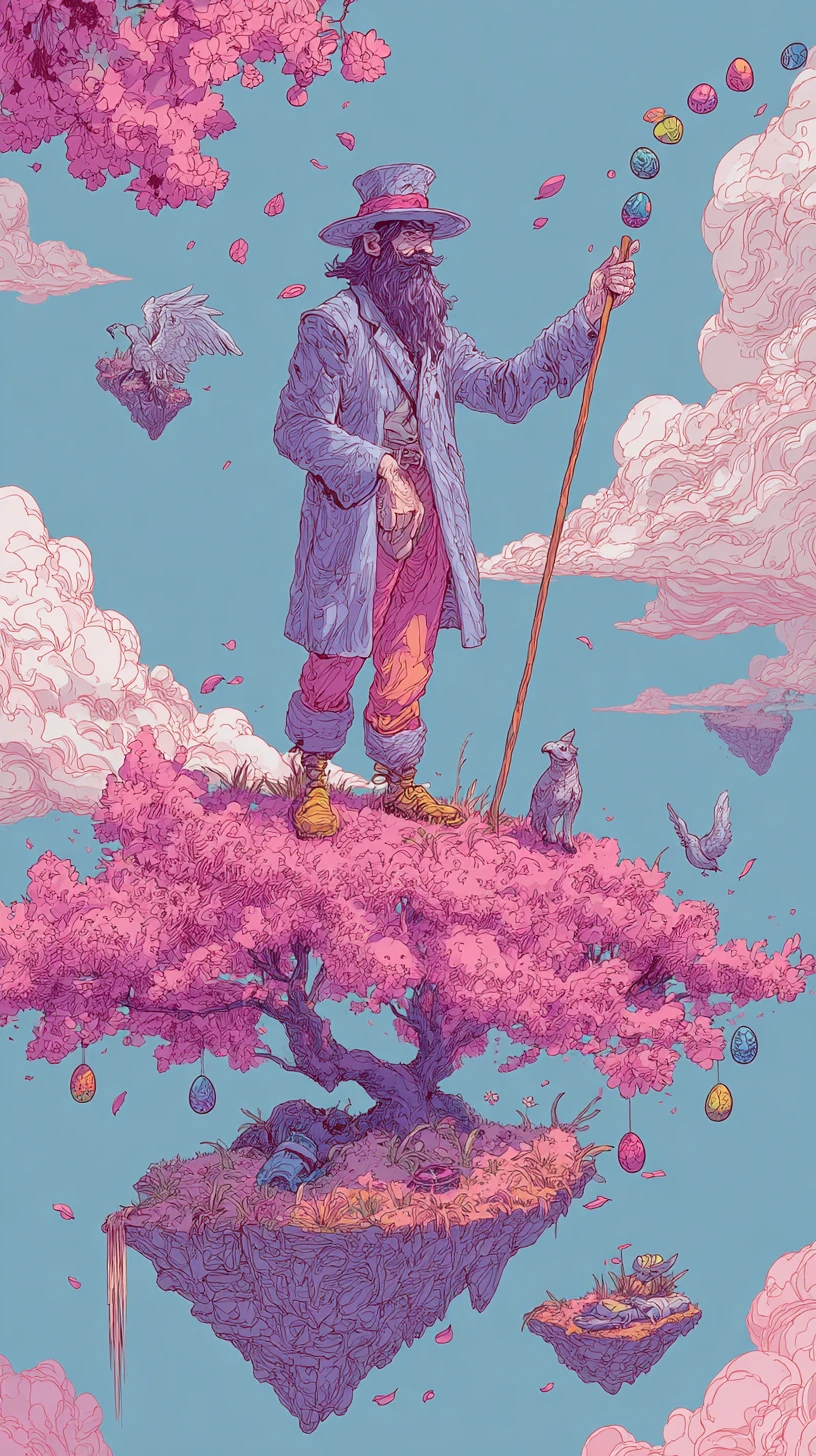 満開の桜が咲き誇る浮遊島のひげ魔法使い