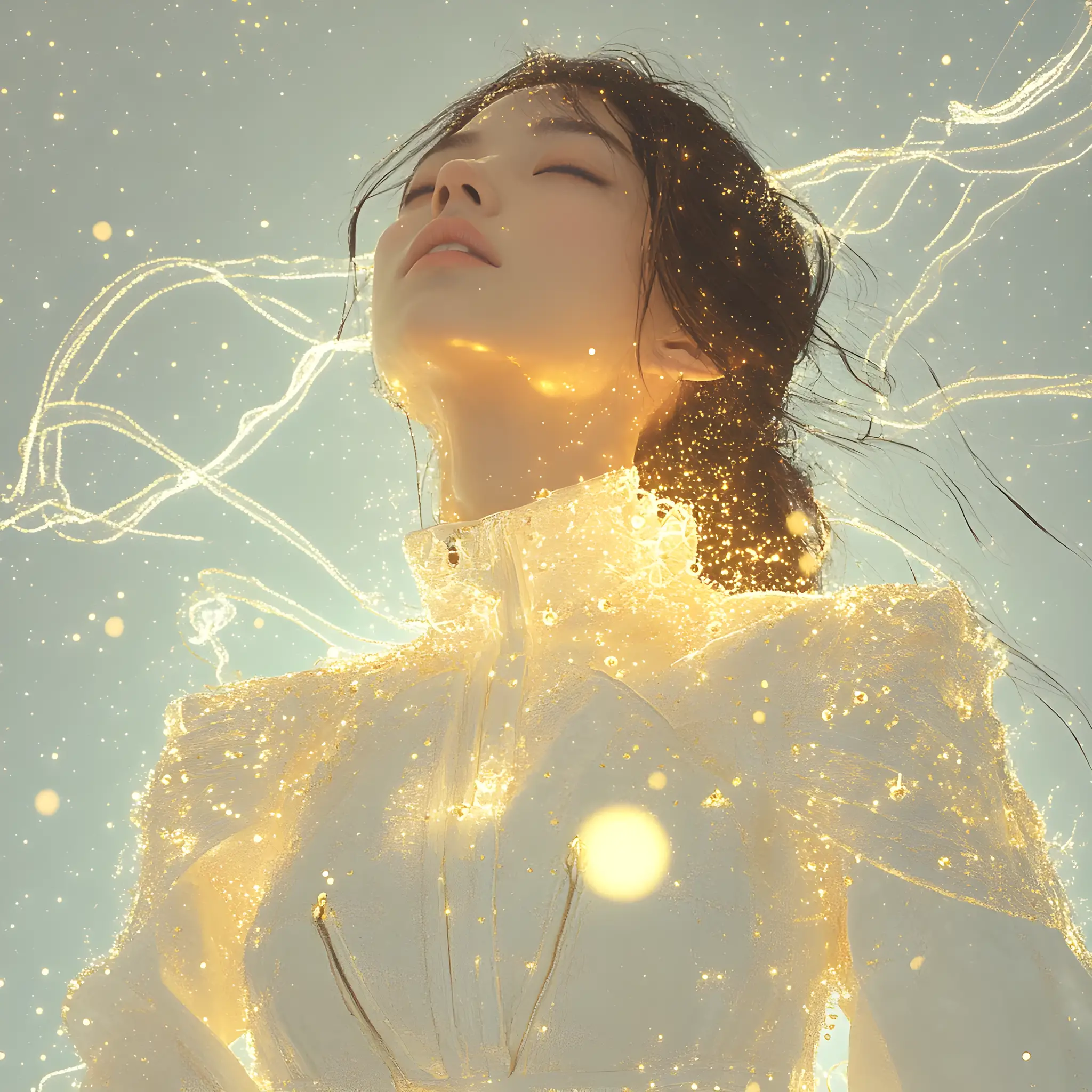 白色服飾現代女性的棱鏡光攝影棚肖像
