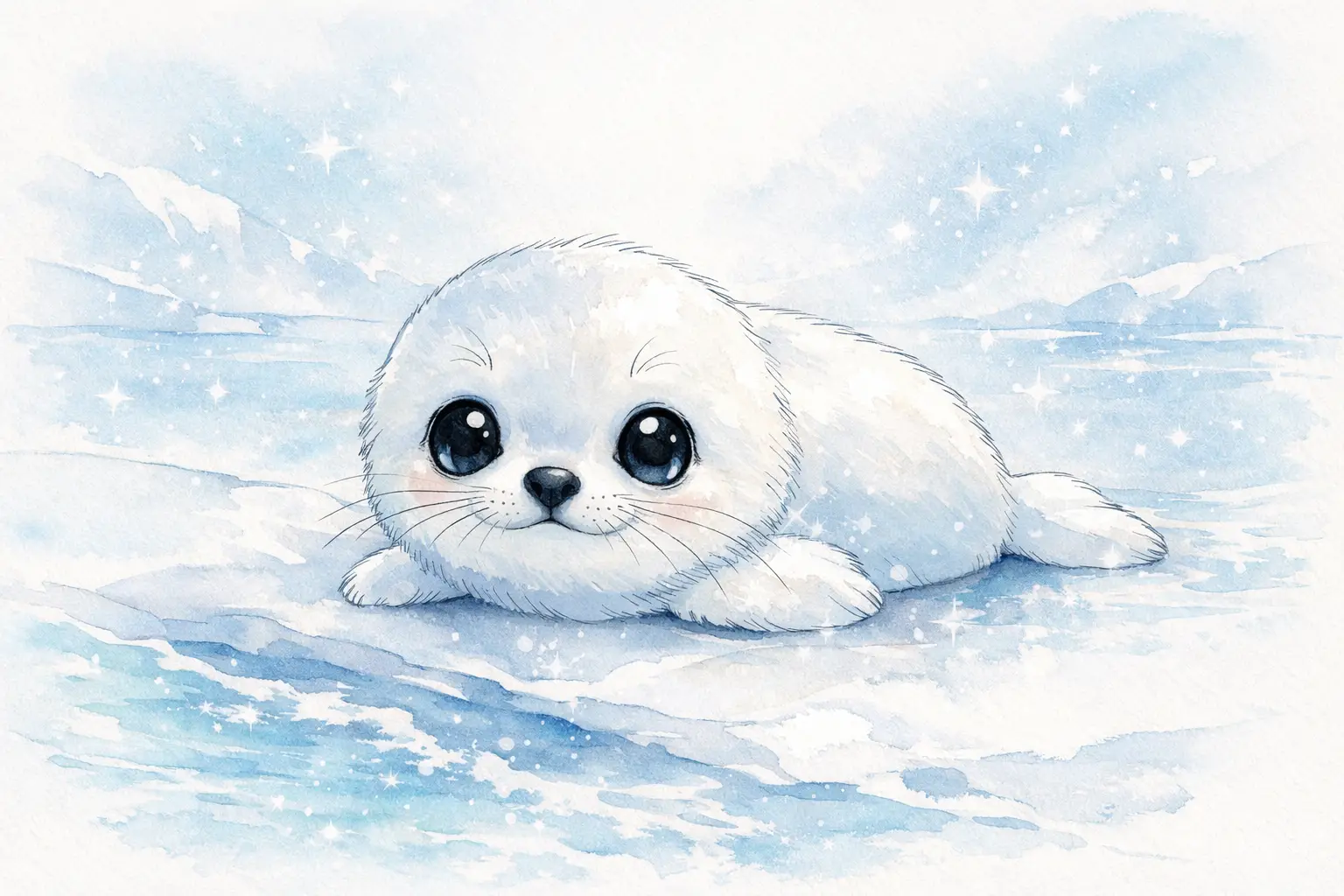 Tiny baby seal resting on a softly lit icy shore