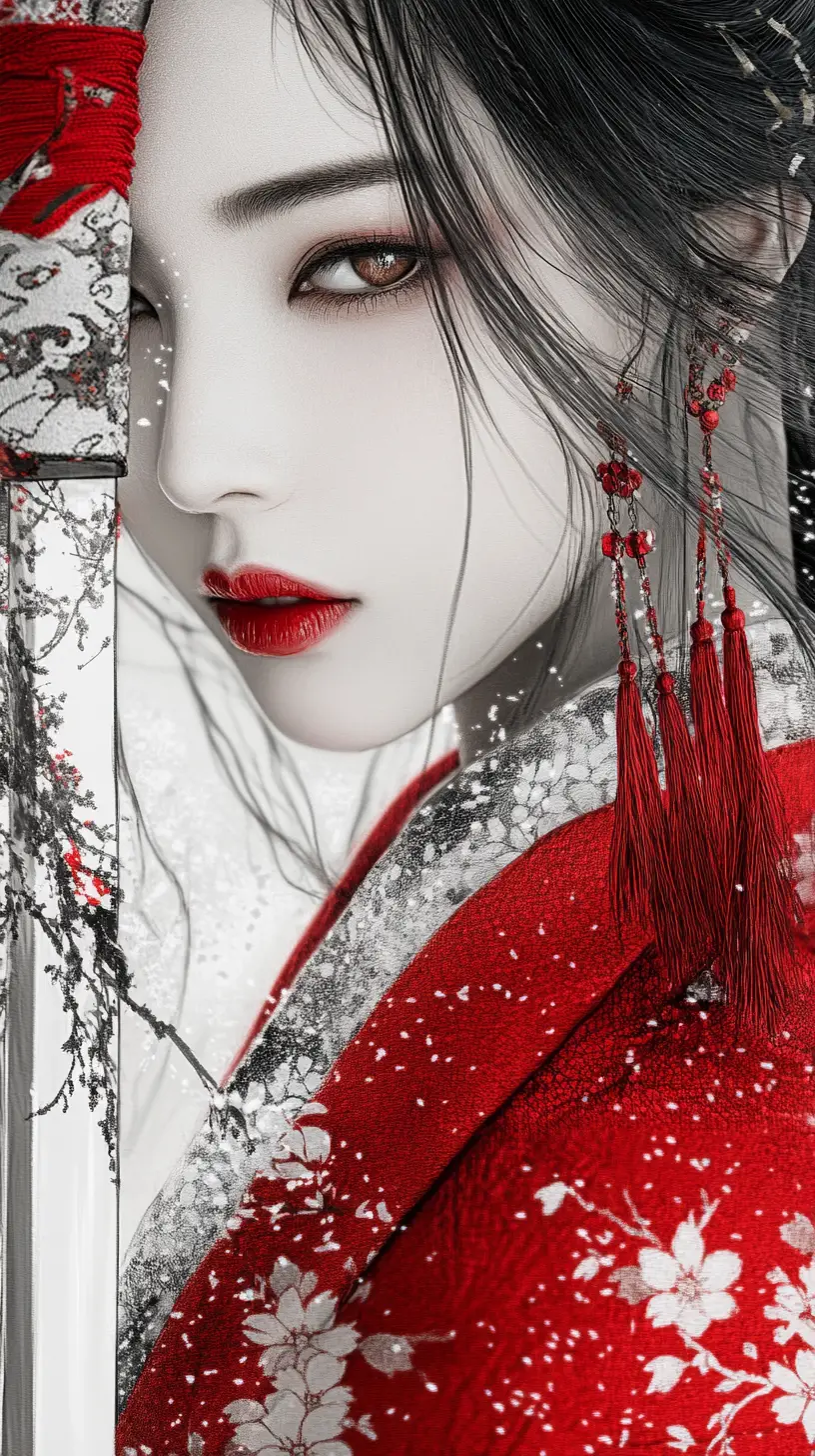 Femme japonaise en kimono rouge avec katana – portrait