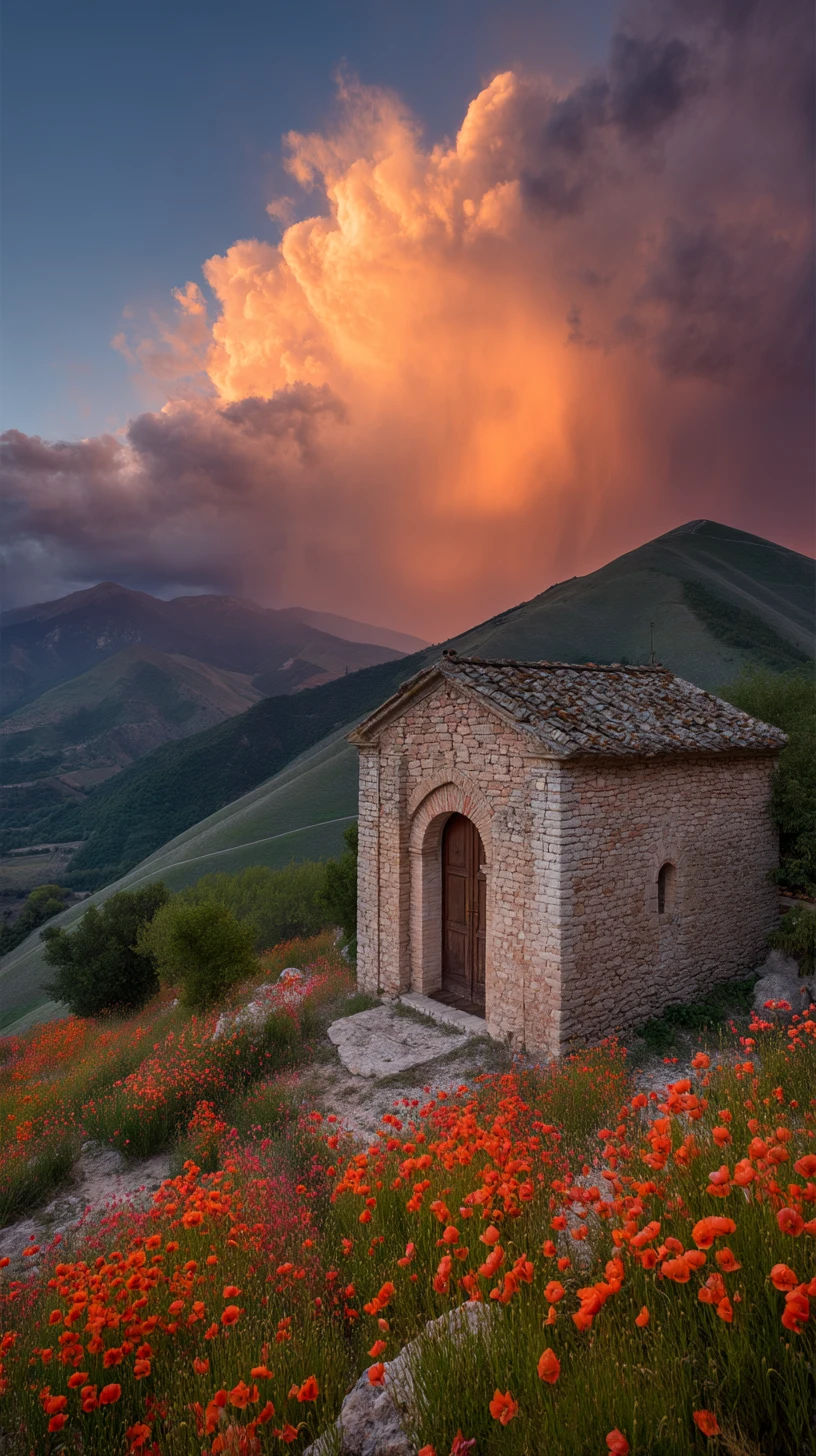 Antigua capilla de piedra sobre una colina de amapolas luminosas