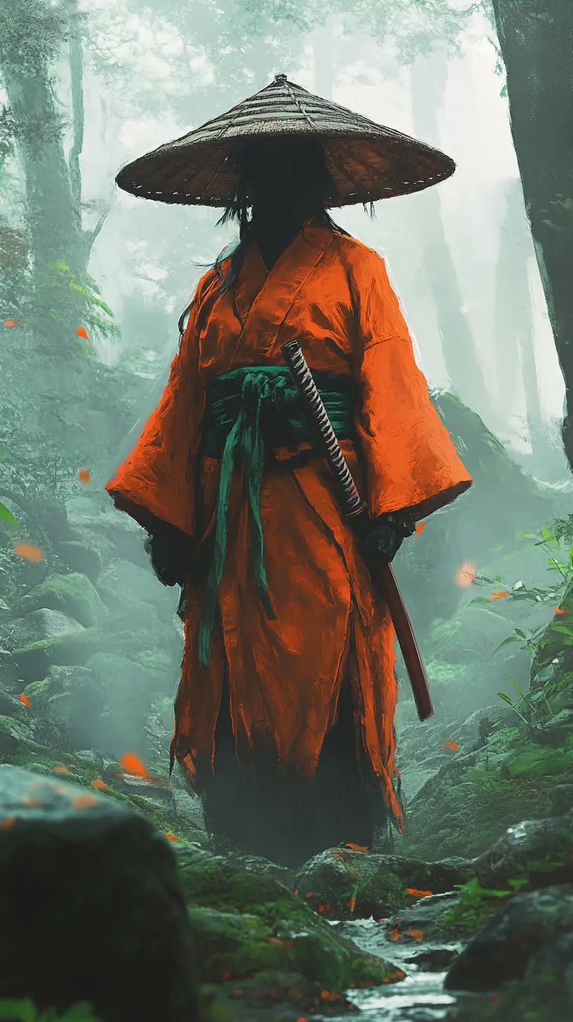 迷霧森林中身穿橘色和服的孤獨蒙面武士