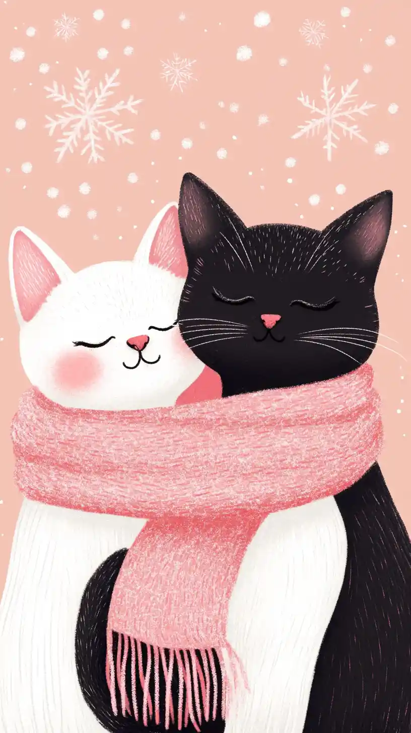 Two cartoon cats hugging in a pink winter scarf