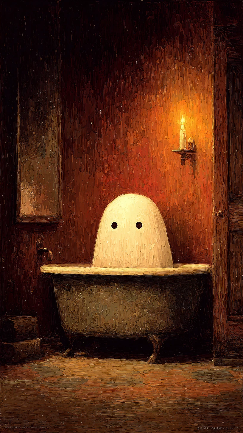 Fantasma minimalista em uma banheira vintage com pés de garra à noite