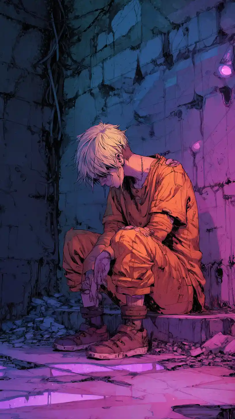 Desperate anime girl in torn orange prison clothes