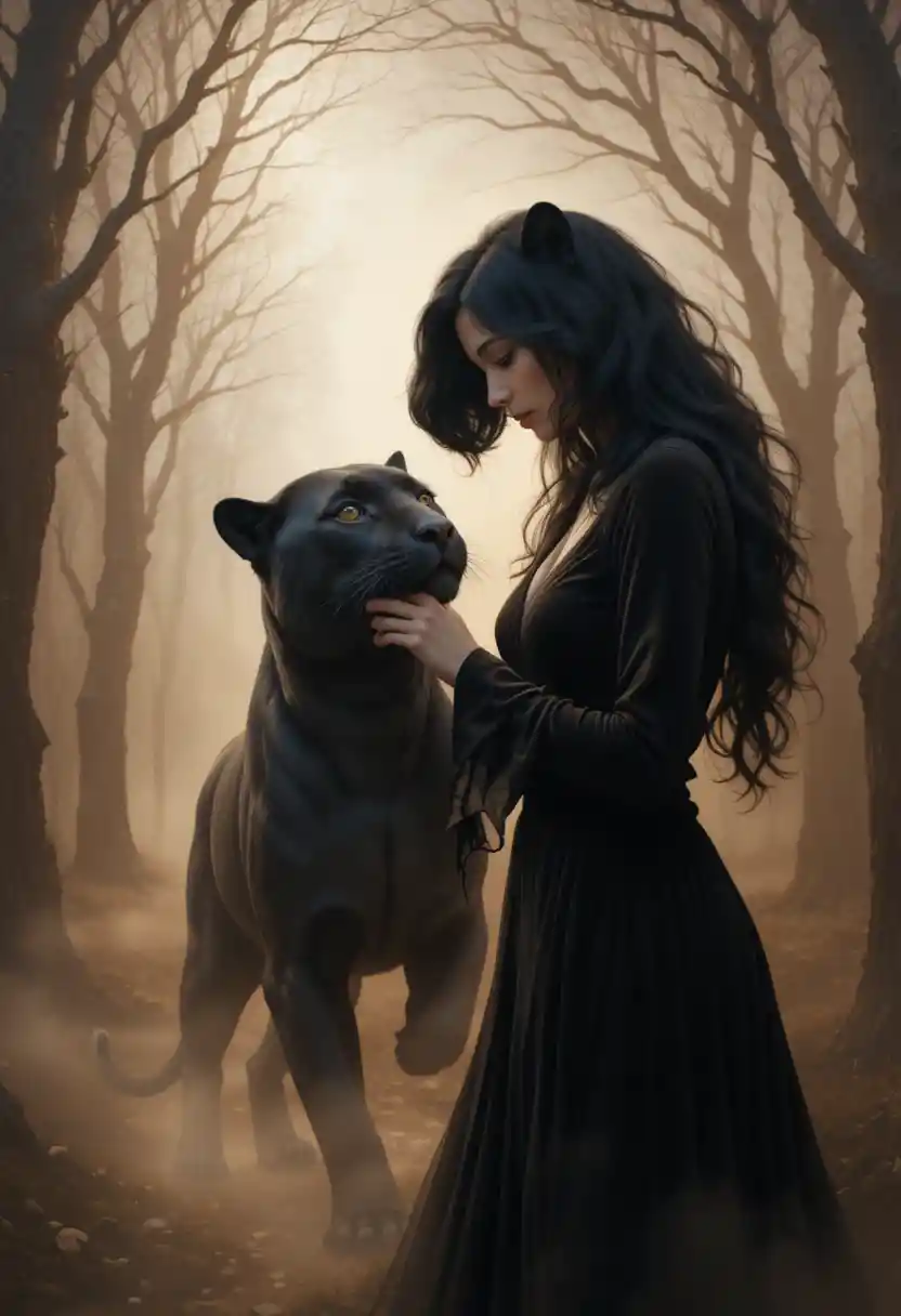 Mystical woman in black with panther in glowing forest