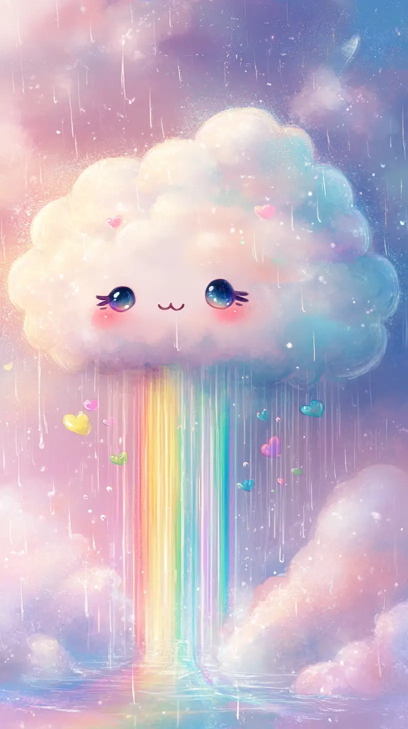 Süße Wolkenfigur mit sanftem Regen und pastellfarbenem Regenbogen
