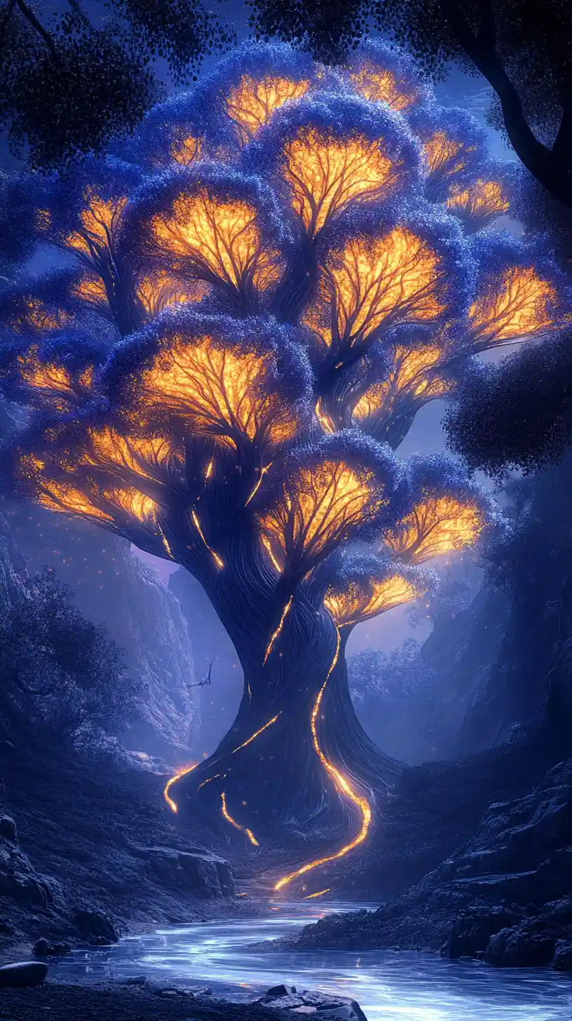 Alberi Fantastici Luminosi Sopra un Ruscello in un Canyon Nebbioso