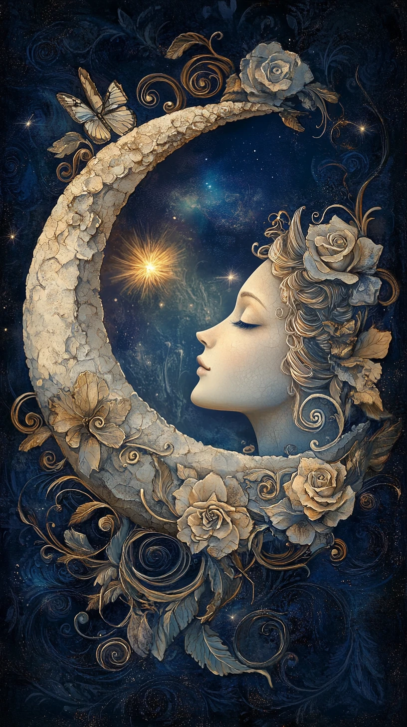 Lua crescente ornamentada com rosto, estrelas e filigrana floral