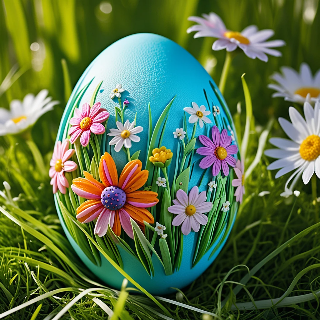 Ovo de Páscoa turquesa decorado aninhado na grama verde de primavera