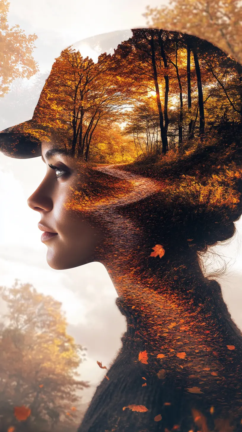 Surreal woman portrait fused with an autumn forest at sunset