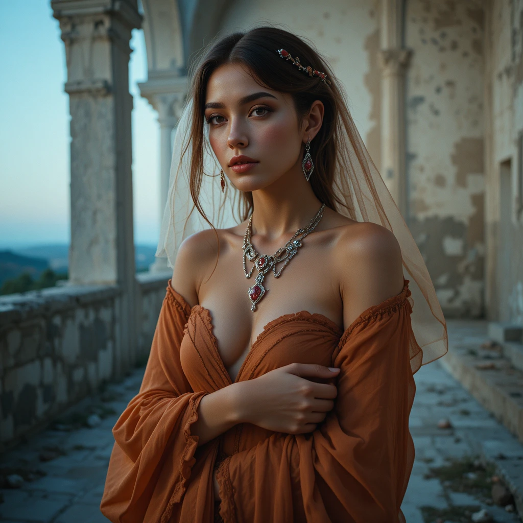 Portrait gothique intime d’une femme dans une salle baroque