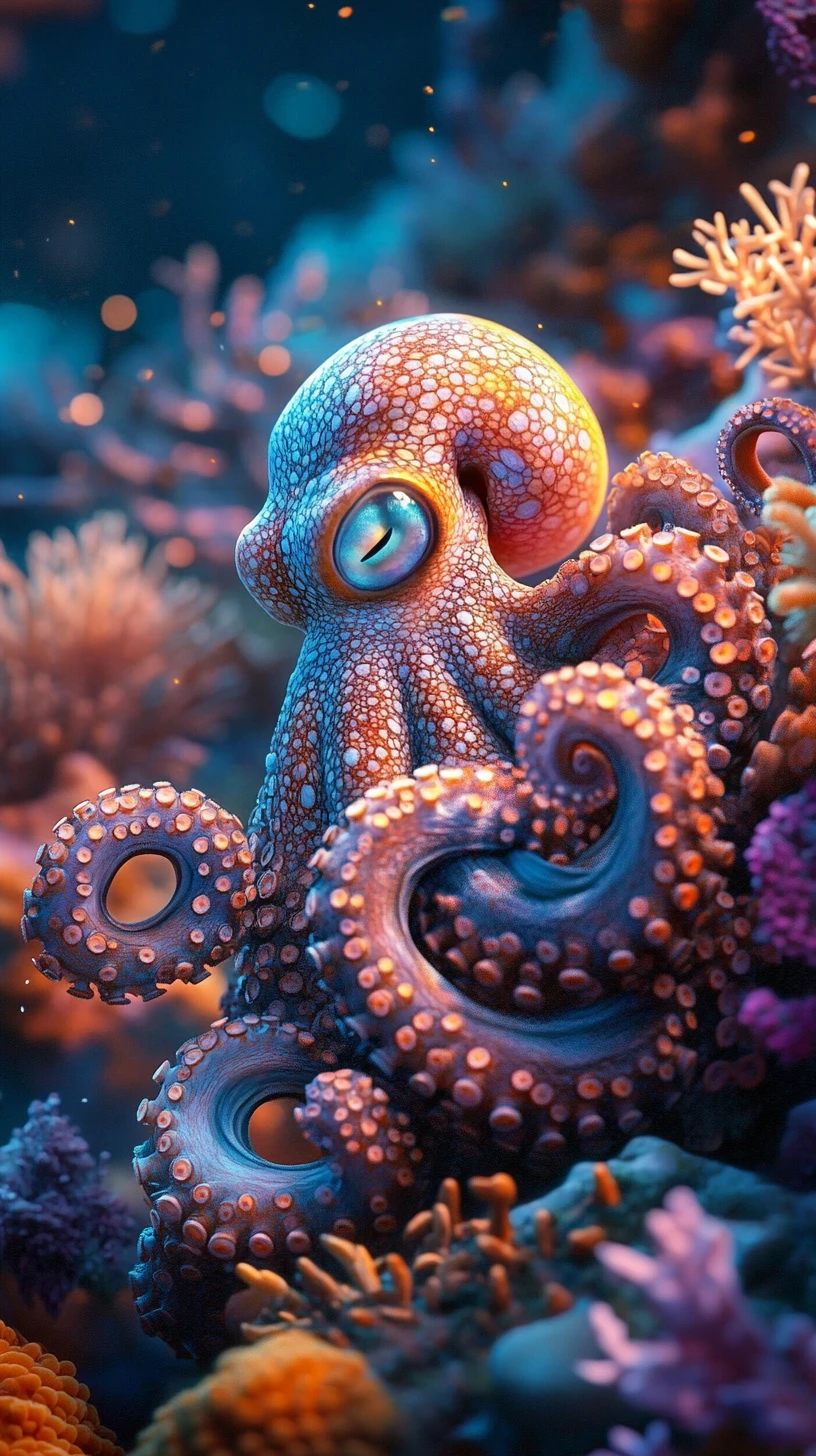 Octopus Resting In Sunlit Coral Reef At Ocean Depth