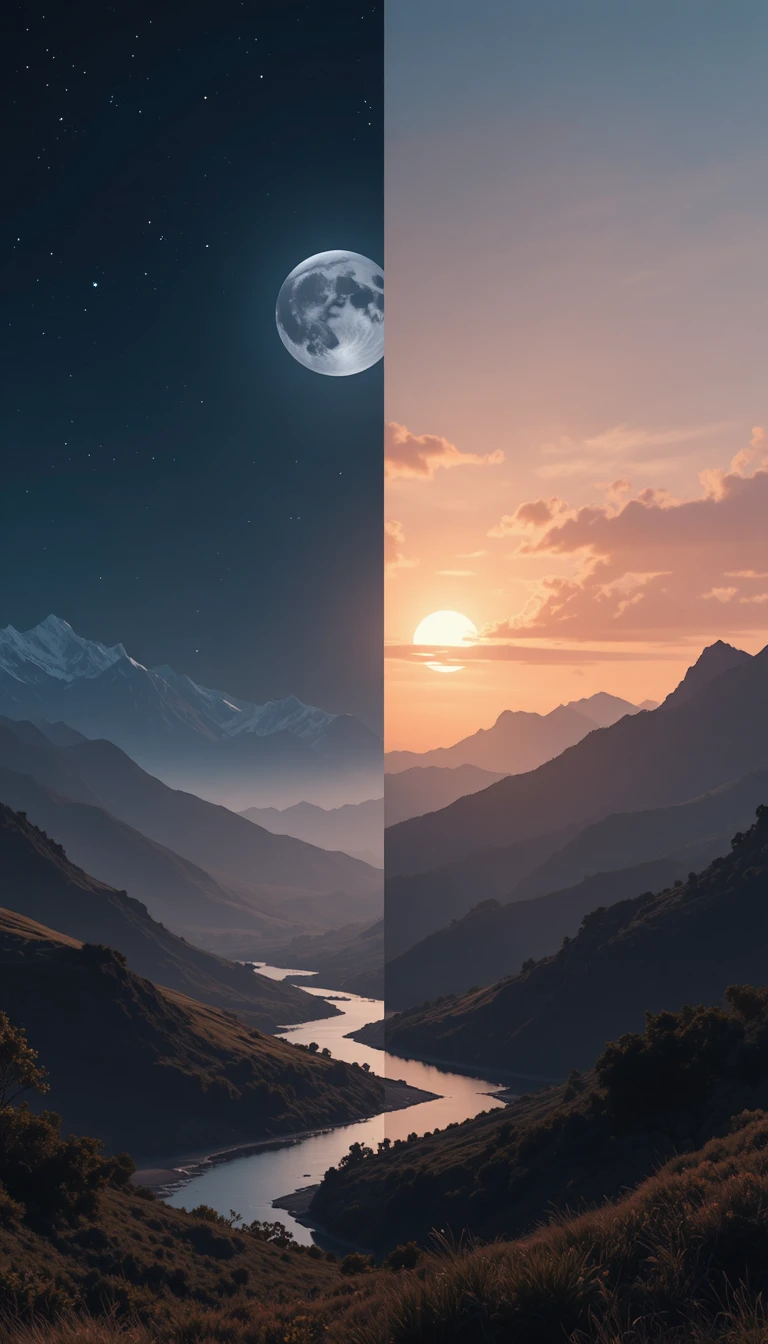 Vale panorâmico dividido entre noite enluarada e amanhecer radiante