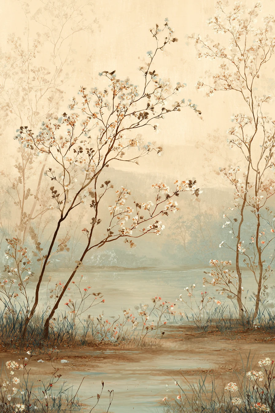 Paesaggio sereno e nebbioso con alberi e fiori delicati