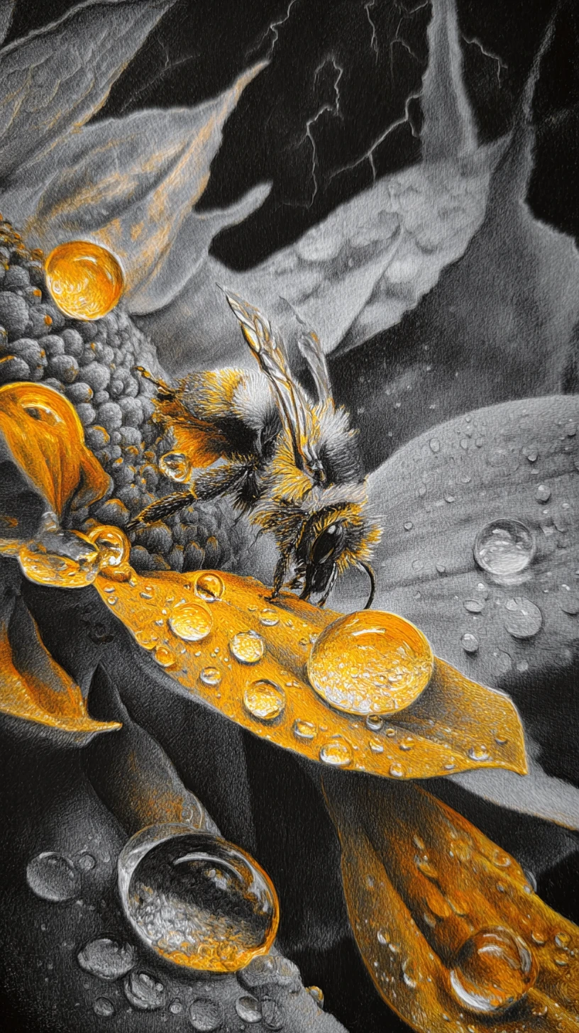 Macro bumble bee on sunflower petal in dramatic rain