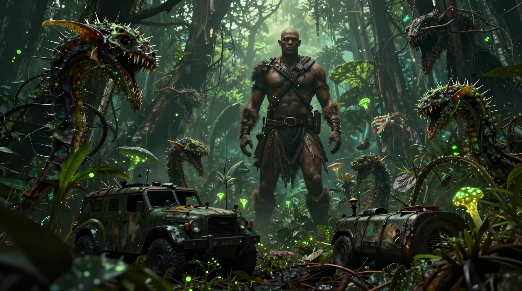 Guerreiro cinematográfico guardando uma floresta tropical pós-apocalíptica mutante
