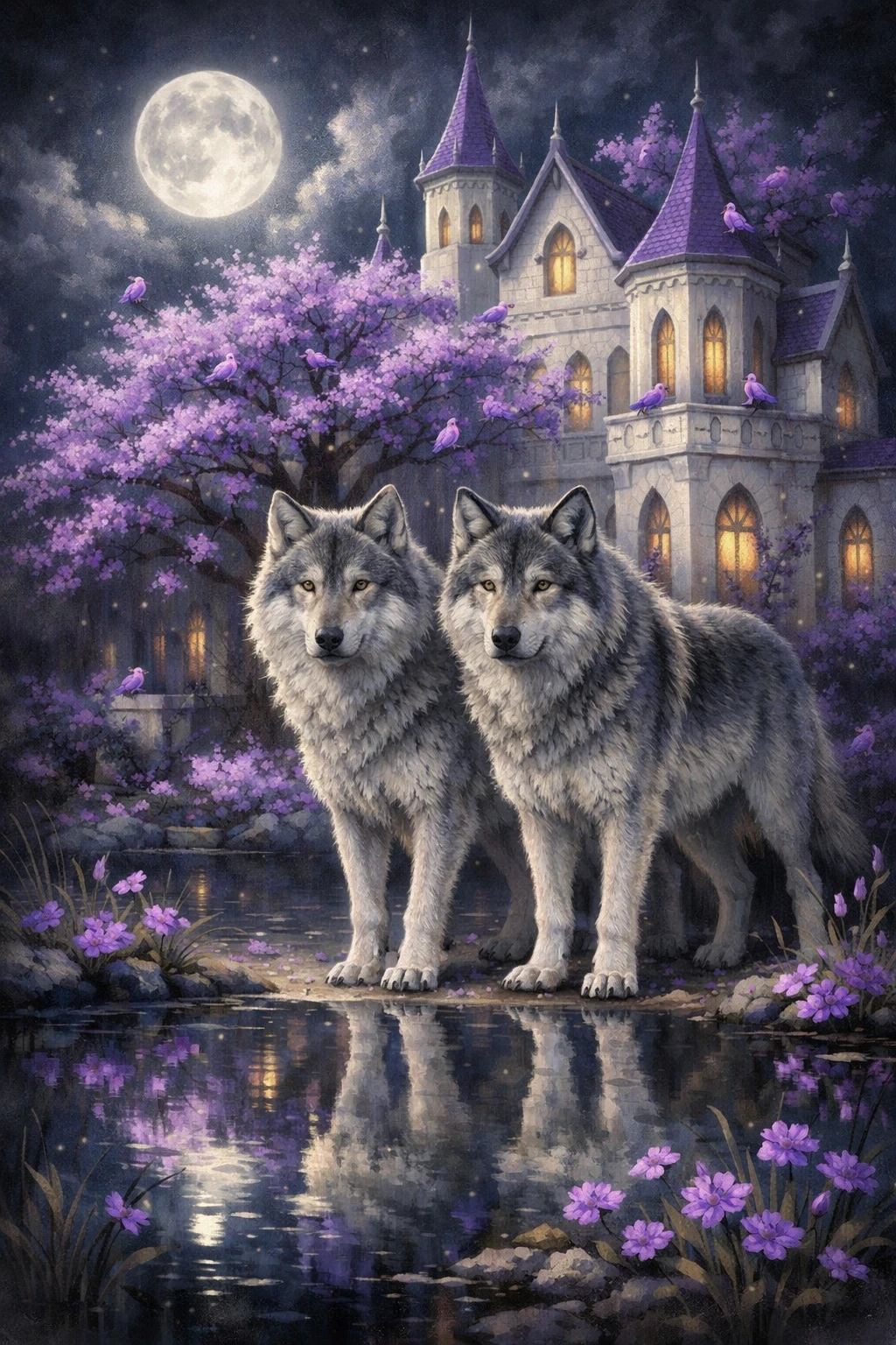 Dois lobos junto a um palácio fantástico ao luar com reflexos