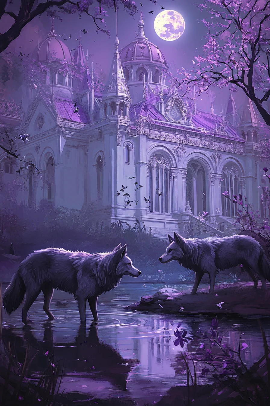 Dois lobos da tundra diante de um palácio violeta de fantasia ao luar